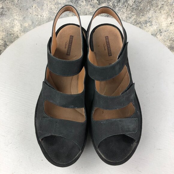 Clarks Women's Size 9.5M Reely Juno Black Leather 3 Strap Wedge Heel Sandals - Picture 3 of 16